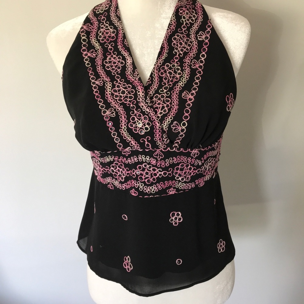 Cache black halter top with tie closure. Size M.